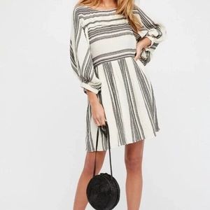 Free People Womens Lily Striped Long Sleeve Babydoll Mini Dress Black Cream Lg